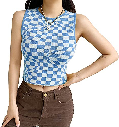 Damen Plaid Printed Sleeveless O Neck Camisole Harajuku Vintage Knitted Cropped Tank Top, blau/weiß, Klein