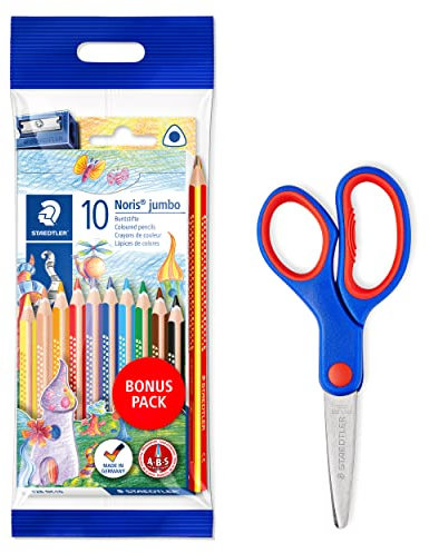 STAEDTLER dicke Buntstifte Noris jumbo in Dreikantform und Bastelschere Noris Club mit gerundeten Klingen, 10 Buntstifte inkl. Spitzer, Regenbogenstift und 14cm Schere, 61 SET8P1X