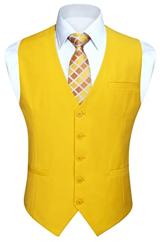 HISDERN Men's Formal Waistcoats Wedding Party Cotton Waistcoat Solid Color Vest,Yellow,L(Chest 44.9 inch)