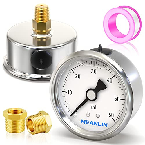 MEANLIN MEASURE 0~60Psi Stainless Steel 1/4 NPT 2.5 Single Scale FACE DIAL, Glycerin Filled Pressure Gauge, Pool Sand Filter, Back Mount, with 1/4 x 1/2 NPT and 1/4 x 3/8 NPT Hex Bushing