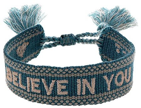 Engelsrufer Damen Armband aus Polyester und Baumwolle in grün beige mit BELIEVE IN YOU Stickerei - Kordelverschluss - größenverstellbar