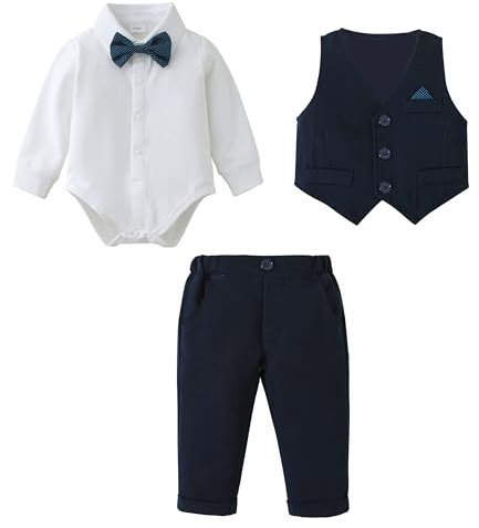 Bébé Garçon Gentleman Vêtements Ensemble, Enfant Mariage Baptême Tenue Fete Costume Ceremonie Chemises Haut Chemise Gilet Pantalon Nœud Papillon 3-24 Mois (Bleu, 18-24 Mois)