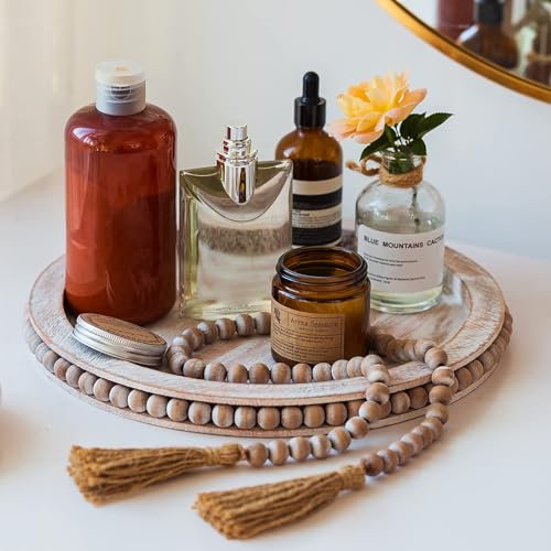 Bandeja de Velas de Madera Con Cuentas - Pilar Vela Pillón 30cm Redonda Rústica Decorativa Mesa Blanca Angustiada para Centros de Certeza Decoración Hogar Granja