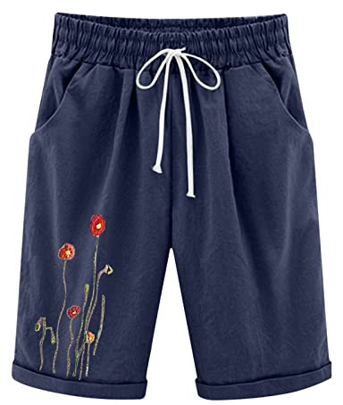 Damen Blumendruck Sommer hohe Taille Drucke Baumwolle Leinen Hose Übergröße Shorts Schnürung Strand Workout Tasche Fünf-Punkt-Hose Chub-Rub Shorts für Damen, navy, XX-Large