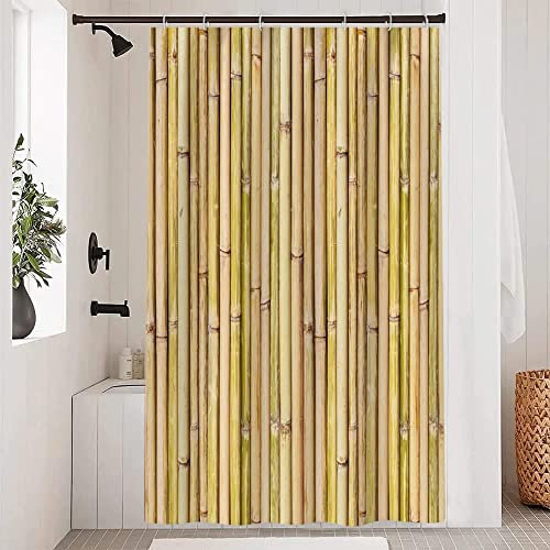 Uiiooazy Rideau Douche Bambou, Rideau de Douche Anti Moisissure 120x180cm Jaune Effet Bois Zen Rustique Rideaux de Baignoire Tissu Lavable Imperméable Polyester Rideaux Salle de Bain avec 8 Crochets