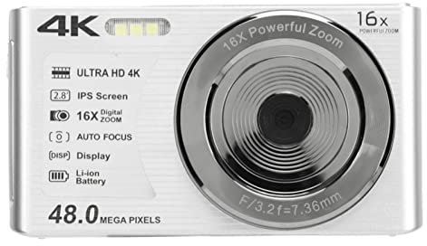 4k-Digitalkamera, Tragbare Kompaktkamera, 2,8-Zoll-Bildschirm, 16-facher Digitalzoom, 48 Megapixel, 4k-Videoauflösung, Integrierter Aufhellblitz, Geeignet für Anfänger und Teenager (Silber)