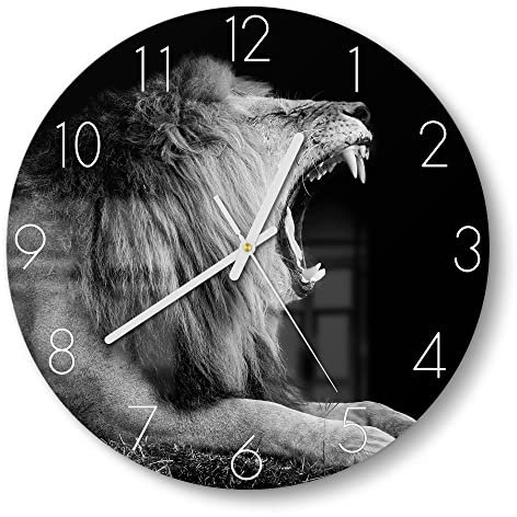 DEQORI Glasuhr | rund Ø 30 cm | Motiv Brüllender Löwe | ausgefallene leise Design Uhr aus Glas | Wanduhr für Wohnzimmer & Küche | Moderne Hingucker Uhr für die Wand