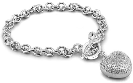Dankadi Bracciale largo 6 mm con ornamento grande cuore scavato 2 cm e chiave luminosa, catena a maglie in argento 925, amore a cerchio con ciondolo chiave regalo di gioielli per festa elegante da