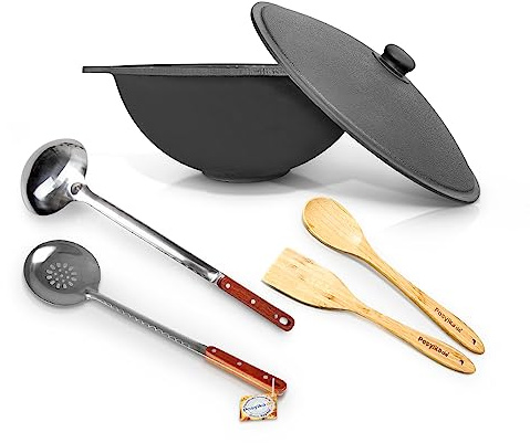 ZARENHOFF Gusseisen Kazan 16 L Uzbekisch mit Aluminiumdeckel, 44-47 cm, Holzlöffel: 1 Stk., Schaumlöffel für Plov, 48 cm, Spachtel aus Holz, Kochtopf WOK Plov плов казан Kasan