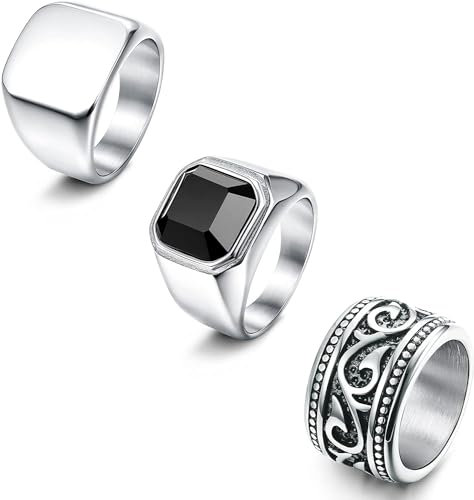 Dochais 3 Stück Ringe Herren Edelstahl Ring Silber Vintage Ringe Schwarz Onyx Siegelring Herren Gravur Gothic Biker Ringe Set für Papa Vater Schmuck Geschenk