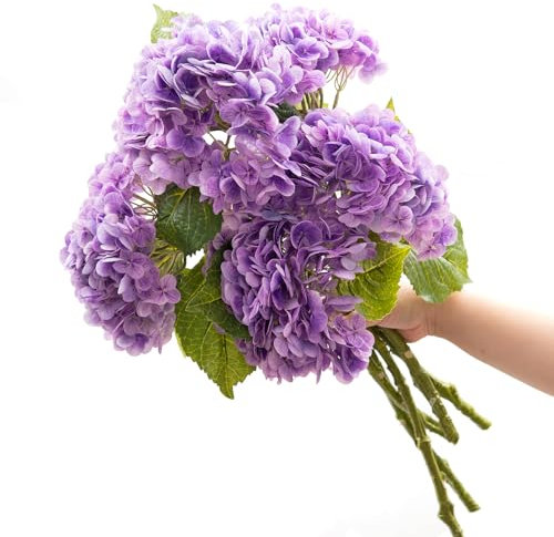 CXGS Artificial Hydrangea Flower, 21.6in Real Touch Latex, 5PCS Faux Flowers, Purple, for Home Party Wedding Decor