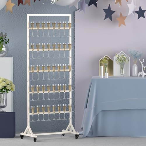 THYGIFTREE Champagne Wall Holder for Party, 5-Tier White Metal Champagne Flutes Display Stand Hold 40 Glasses with Swivel Casters for Wedding, Glasses Not Inc