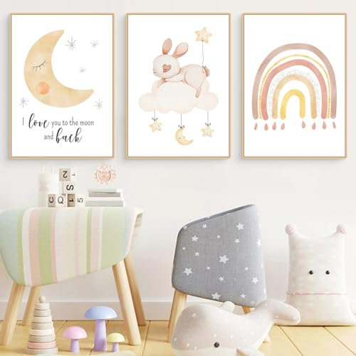Herfair 3er Set Wandbilder Bilder Kinderzimmer Kaninchen Regenbogen und Mond Poster, Ohne Rahmen, Wandposter für Mädchen & Jungen Babyzimmer Deko (30x40cm)