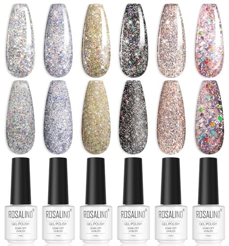 ROSALIND Smalto Semipermanente Unghie, 6 Colori Rosa Nero Argento Giallo Glitter Smalti Semipermanenti per Unghie Soak-Off Smalto Gel Unghie UV per Principianti Nail Art