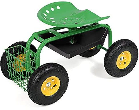 RELAX4LIFE Sgabello da Giardino per Esterno, Portata 130 kg, Sedia Carrello da Giardino con 4 Rotelline, Altezza Regolabile, Sgabello per Giardinaggio Potatura Orto(Verde)