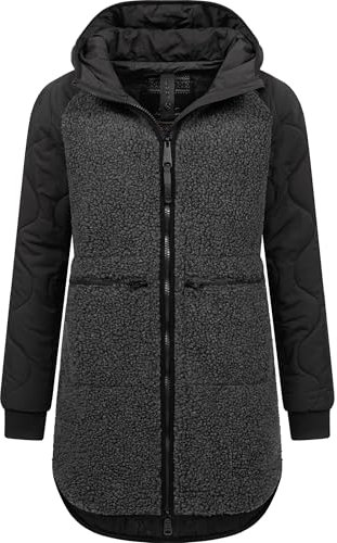 Ragwear Damen Teddyfleece Kurzmantel Warmer Plüschmantel mit Kapuze Longeddy YOUMODO Black Gr. M