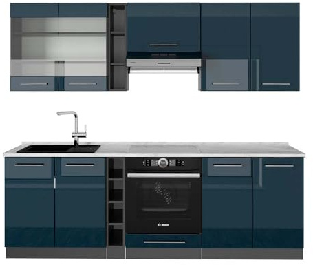 Vicco Küchenzeile Fame-Line, Dunkelblau Hochglanz/Anthrazit, 235 cm, AP Marmor, geeignet zur individuellen Erweiterung mit Zusatzmodulen