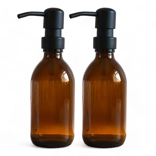 AVALON 250ml Amber Glass Soap Dispenser Bottles with On Trend Metallic Pump - Empty Refillable Containers for Liquid Soaps, Lotions, and More (Pack of 2, Matte Black Pump)