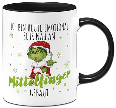 Miss Grinch Tasse - Ich bin heute emotional sehr nah am Mittelfinger gebaut - Weihnachtstasse lustig, Kaffeetasse mit Spruch für Anti Weihnachtsmuffel an Weihnachten (Schwarz)