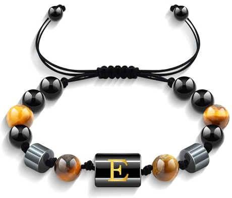 Yifnny Perlenarmbänder für Männer, Alphabet-Armband Schwarzes Armband igerauge-Armband Verstellbares Obsidian-Armband Freundschaft Perlenschmuck Geburtstagsgeschenk für Männer