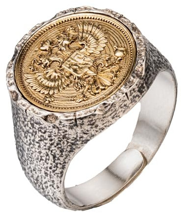 Retro 925 Sterling Silber Doppelkopf Adler Ring Russisches Emblem Siegelring für Herren Damen Größe 62 Goldton Offen Verstellbar