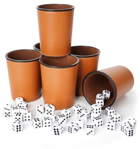 Würfelbecher Set 6, Schocken Set, mit 6 Würfelbecher Leder Set und 36 Würfeln (16 mm), Schockbesteck Leder, für Bar-Party Würfelspiele