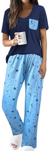 Famulily Women's Comfy Short Sleeve Pajamas Set V Neck Sleepwear Top with Pockets and Casual Pants Pjs Printed Lounge Sets Navy XXL