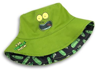 Rick and Morty Grüner Wende-Fischerhut | Pickle Rick grafische Kopfbedeckung | Schwarzer Allover-Sonnenschutzhut mit Pickle-Rick-Print | Unisex-Cartoon-Accessoires für Freizeitkleidung