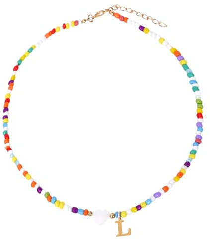 CENCERY Perlenketten mit Buchstaben und Muscheln in Herzform für Mädchen, farbenfrohe Halskette mit Buchstaben und Muscheln in Herzform, personalisierbar (L)