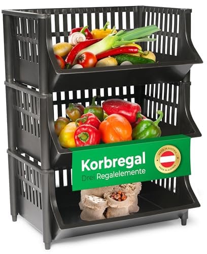 Novaliv 3 Stück Korbregal Schwarz Steckregal Stapelbar & Erweiterbar, Regale für Vorratsraum, Lebensmittelregal, Obstregal Keller Aufbewahrungssystem, Apfelregal, Stapelkorb, Stapelregal Kunststoff