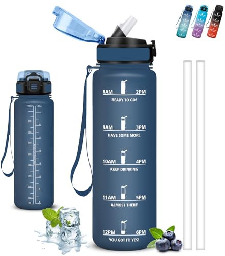 Gourde, Gourde 1l, Gourde Sport, Anti Fuite, Gourde Graduée pour 1 Journee, Facile à Nettoyer, Gourde Reutilisable, avec Slogan de Motivation, Bouteille d'eau pour Camping, Bureau, Randonnée, Yoga