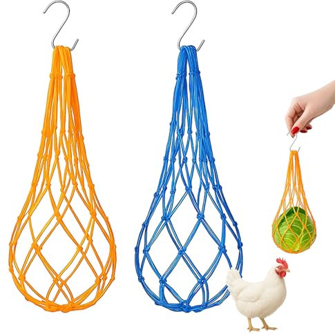 Chicken Vegetable String Bag,2 PCS Hanging Chicken Feeder,Chicken Vegetable Feeder String Bag With Hook,Chicken Feeders Vegetable Hanging Feeder for Hens Goose Duck(Blue and Yellow)