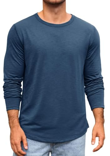 Runcati Men's Long-Sleeved Crew Neck T-Shirt Plain Regular Fit Tops Sports Leisure Shirts Casual Basic Vest, blue grey, L