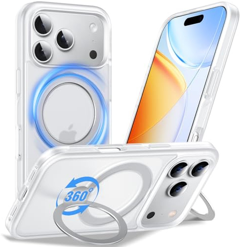 Anqrp 360° All-in-One-Ständerhülle für iPhone 18 Pro Max/17 Pro Max Hülle mit Rotierbarem Magnetischem Ständerringhalter, Kompatibel mit MagSafe, Matt Stoßfeste iPhone 18 Pro Max Case,Clear