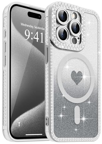 Urarssa Magnetische Hülle für iPhone 15 Pro Transparente Glitter Telefon Bling Glitzer Antichoc Etui Silikon Ultra Dünne Leichte für iPhone 15 Pro Silber