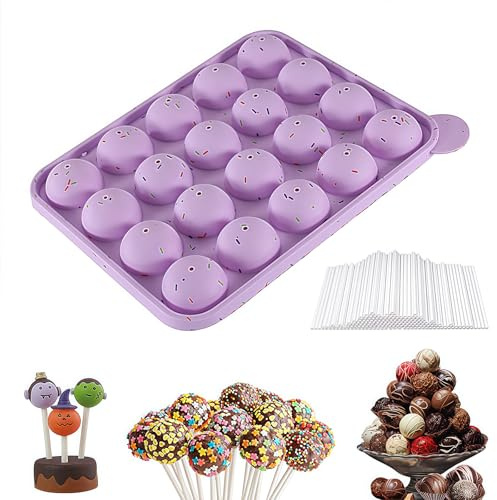 Cake Pop Formen, 1 Stück Silikon-Kuchenform, mit 200 Stäbchen, 20 Kavitäten Silikon Cake Pop Form für Hartbonbons, Lutscher und Party Cupcake Größe 22.5 x 18.5 x 2.5 cm (Lila)