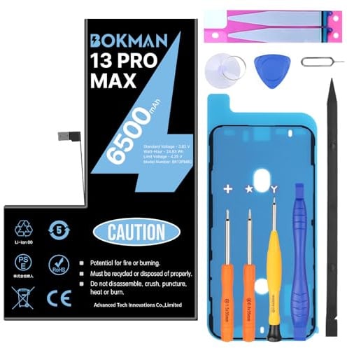 bokman Akku für iPhone 13 Pro Max, Hohe Kapazität 6500 mAh Lithium-Polymer-Akku mit Allen Werkzeugsets