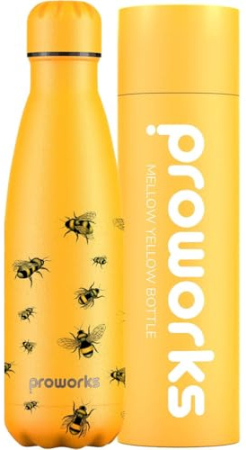 Proworks Bee Water Bottle 500ml Stainless Steel Insulated Water Bottle | Leakproof Screw Lid | Double Wall Vacuum Flask Keeps Drinks Hot 12 Hours Cold 24 Hours | BPA Free | Yellow | Bumble Bees
