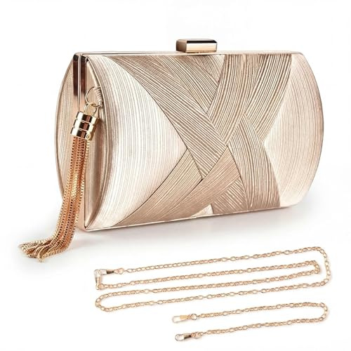 Eulihent Pochette Oro da Sera Clutch Donna Pochette Dorata Cerimonia con 2 Catena, Elegante Borsa da Sera con Nappa da sposa Borsa Tracolla Piccola Borsetta per Feste di Matrimonio (Champagne)
