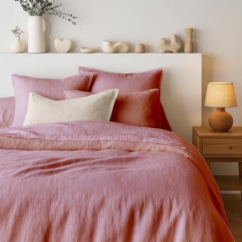 Tendance Perso - Parure de Couette 100% Pur Lin Lavé Vieux Rose – Housse de Couette 200x200 cm + 2 Taies 63x63 cm – Parure de Lit en Lin, Confort Thermorégulant