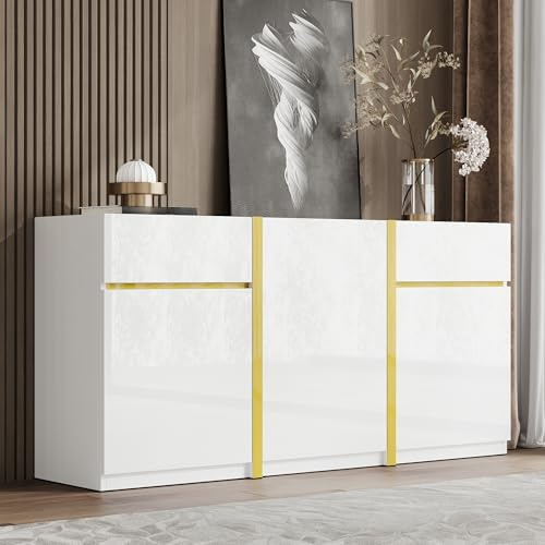 Httcg Sideboard Kommode Weiß Hochglanz mit 3 Türen und 2 Schubladen, Beistellschrank Schubladenschrank mit Goldverzierungen, Wohnzimmerschrank Schrank mit Trennwand, Wohnzimmer Möbel, 160x40x78 cm