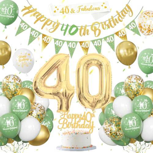 40 Geburtstag Deko Salbeigrüne, Deko 40. Geburtstag Frauen Männer | Grün Weiß Gold Luftballons, Party Ballons mit Happy Birthday Flaggen, Tortendeko für 40. Dekoration