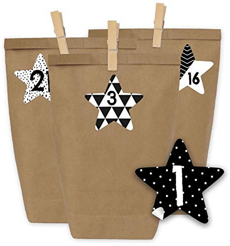 Papierdrachen Adventskalender zum Befüllen - 24 Geschenktüten und 24 Zahlenaufkleber und Klammern - Motiv Schwarze Sterne - zum Befüllen und Basteln - Weihnachten - Mini Set Nr 40