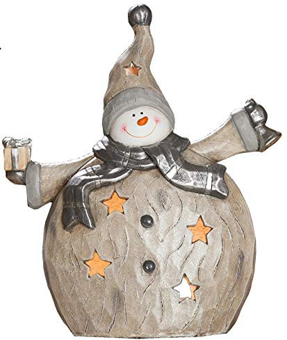 Windlicht Schneemann Magnesi silber/grau/beige m. Glocke u. Geschenk Höhe 43 cm, Winter, Weihnachten, Christmas