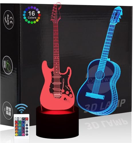 Comiwe Gitarre (D) 3D Illusion Nachtlicht Spielzeug,Dekoration LED Nachttischlampe 16 Farben Ändern mit Fernbedienung,Weihnachten Deko Lampe Geburtstagsgeschenk Für Mädchen Jungen Kinder und Freunde