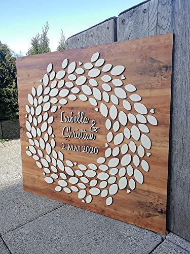Manschin Laserdesign Personalisiertes 3D Gästebuch - 180 Blätter - aus echtem Holz - Kranz - Gästebuch Alternative - (Nussbaum Hell, 69x67)