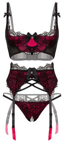 Lovehoney Lingerie Women's Black Boudoir Belle Cherry Quarter Cup Bra Set - With Suspender Belt & G String - Medium: 10-12