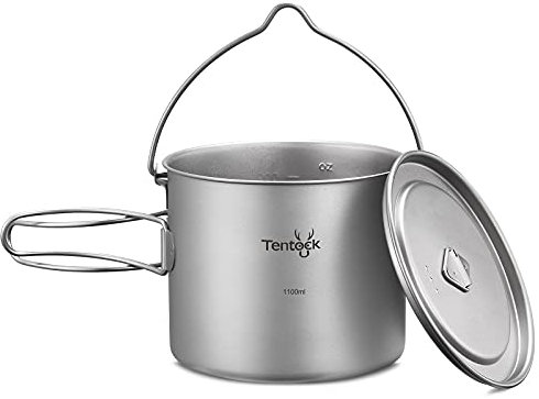 Tentock Olla de Titanio Camping 1100ml con Tapa y Asa Plegable Taza Titanio Portable Ultraligera Utensilios de Cocina para Senderismo Acampada
