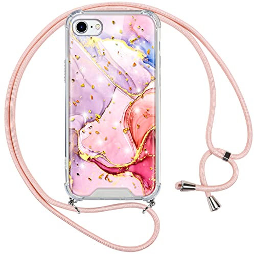 Vauki Hülle Marmor für iPhone SE 2022/2020/iPhone 8/7, mit Band Muster Glitzer Handyhülle mit Motiv Transparent Silikon Kordel Handykette zum Schutzhülle Schnur Case für iPhone 8 4,7,Roségold