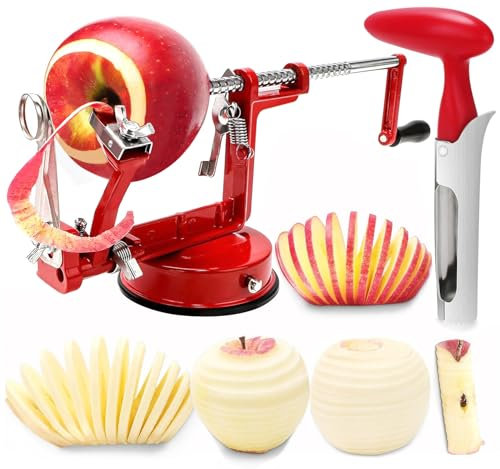 Tatida Apple Peeler Corer Slicer with Stainless Steel Blades and Suction Base for Apples and Potatoes (Red)